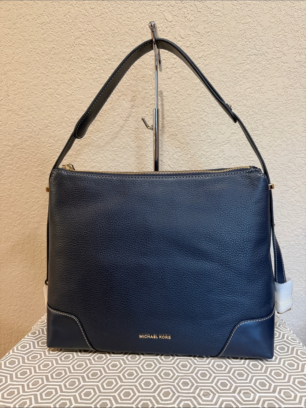Michael Kors Crosby Admiral Blue Pebbled Leather Shoulder Hobo with Gold Accents